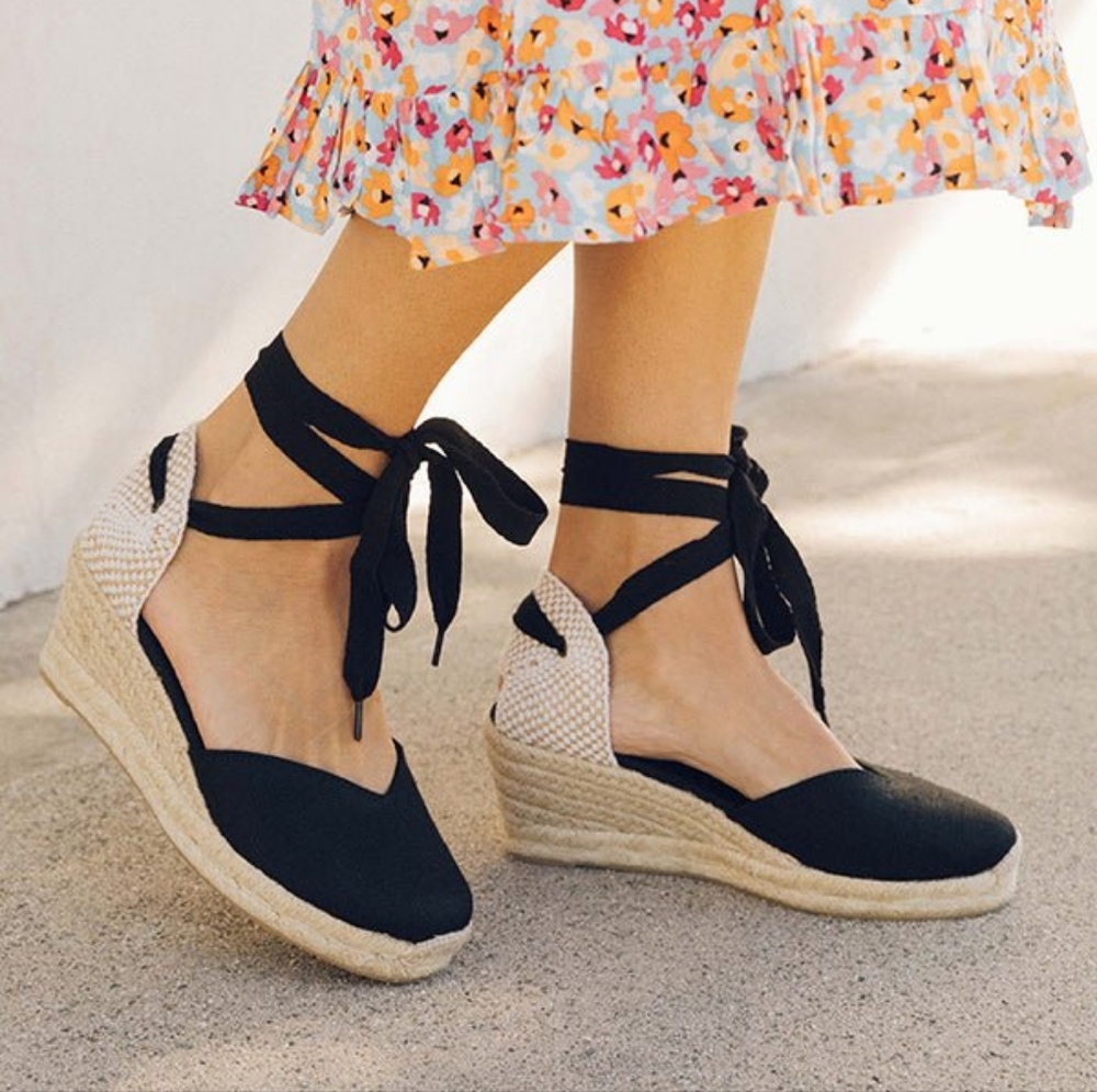 NEW Soludos Black Lyon Wedge Lace Up Espadrille Sandals Size 11
